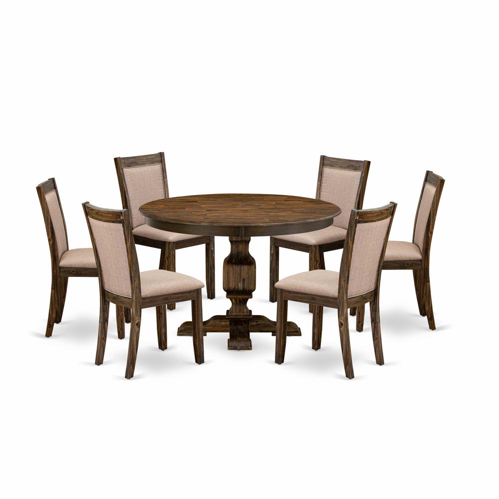 East West Furniture 7 Piece Kitchen Table Set Contains a Dinner Table and 6 Dark Khaki Linen Fabric Mid Century Modern Chairs with High Back - Distressed Jacobean Finish. Picture 2
