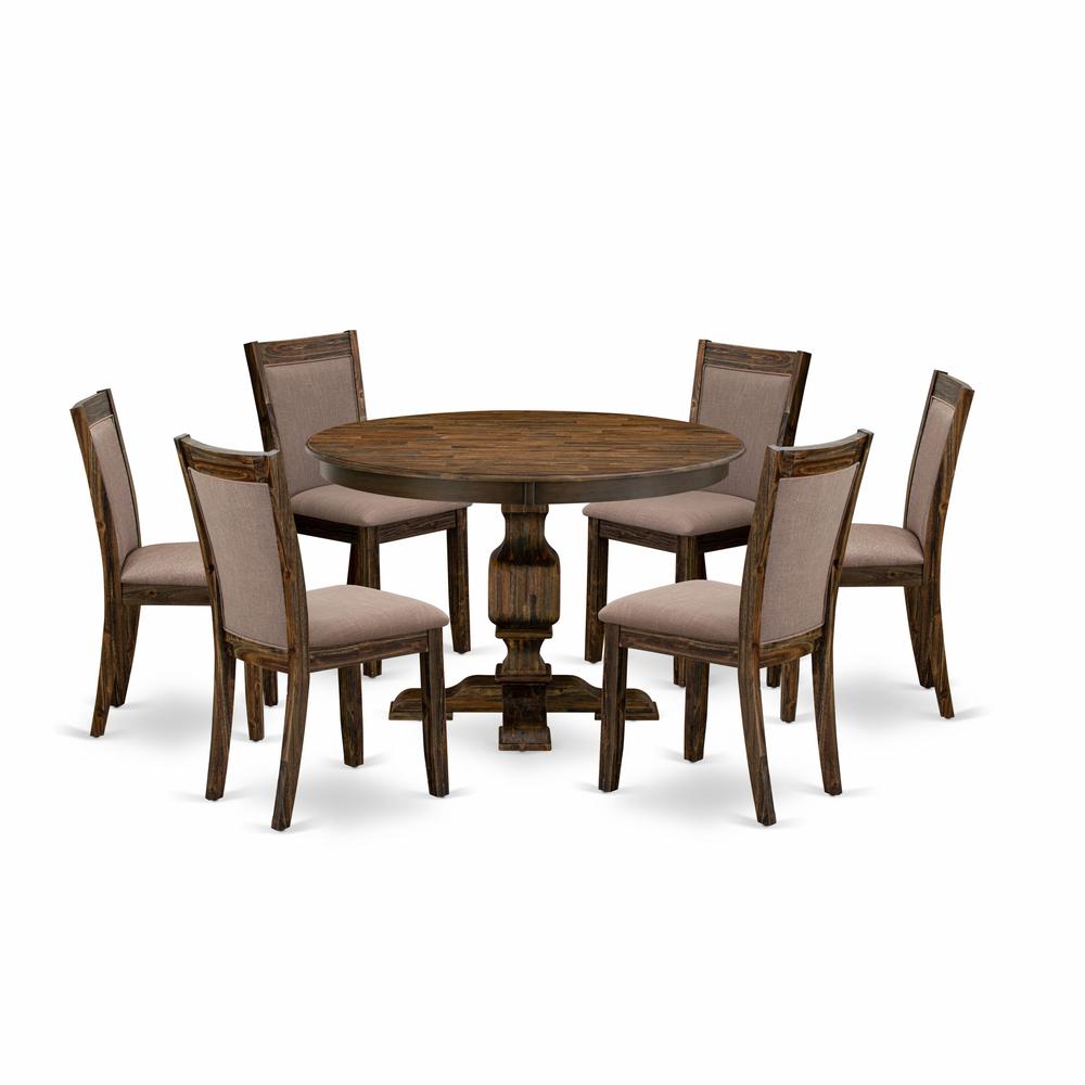 East West Furniture 7-Pc Dining Set - Kitchen Pedestal Table and 6 Coffee Color Parson Chairs with High Back - Distressed Jacobean Finish. Picture 2