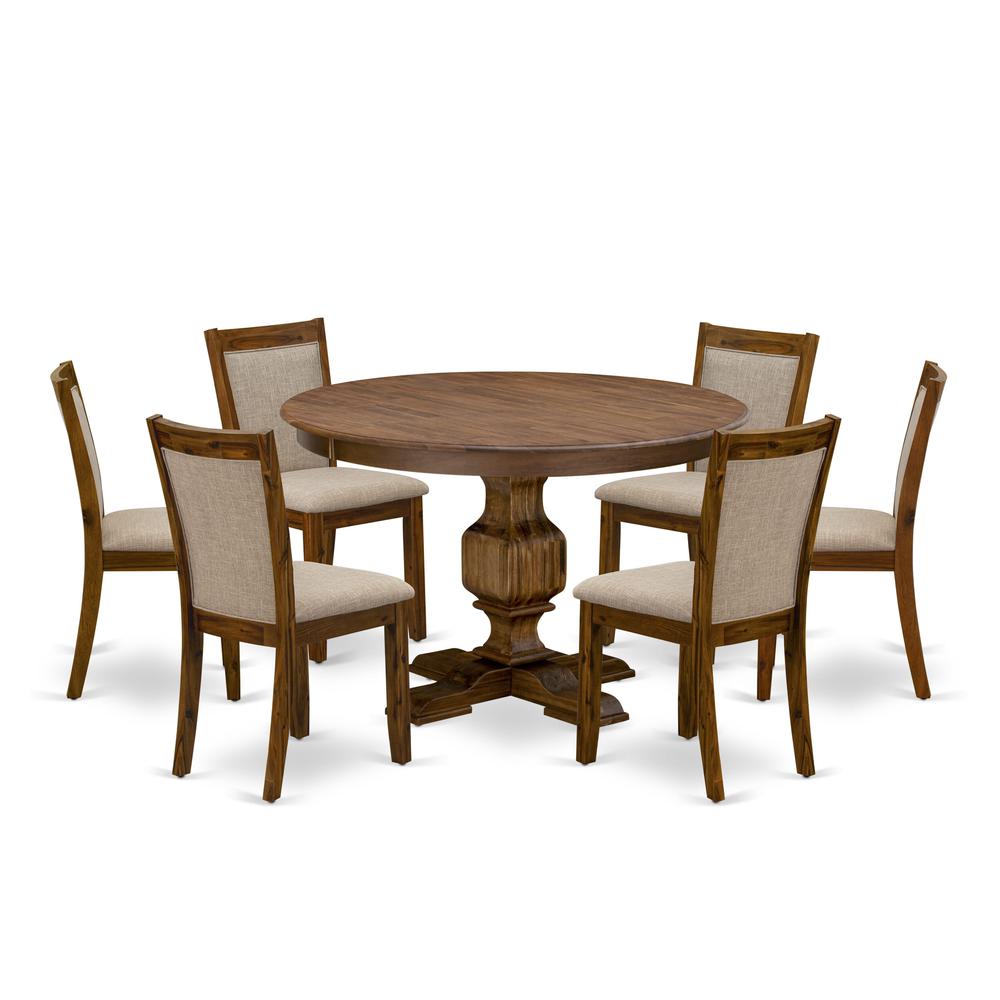 East West Furniture 7-Pc Dining Table Set - Modern Pedestal Dining Table and 6 Light Tan Color Parson Dining Chairs with High Back - Antique Walnut Finish. Picture 2