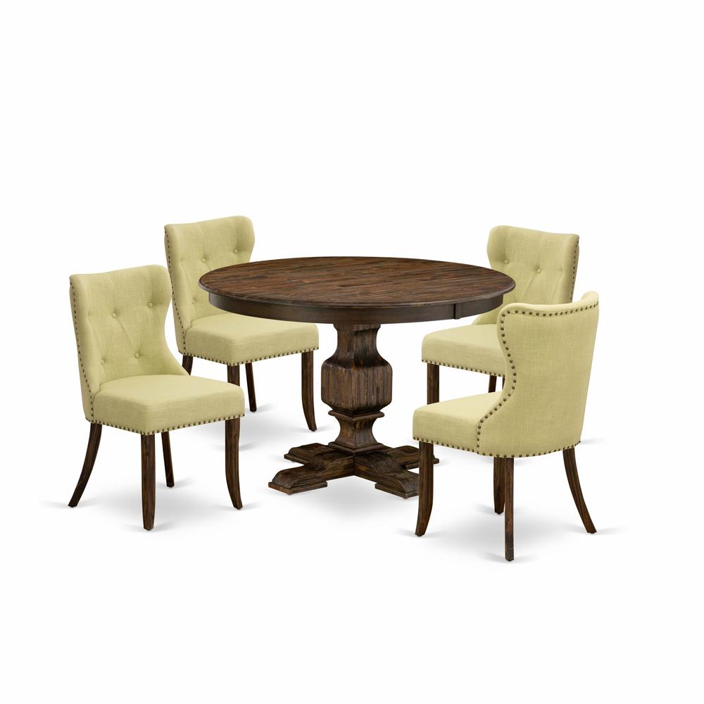 East West Furniture 5-Piece Modern Dining Set - Wooden Pedestal Dining Table and 4 Limelight Color Parson Dining Room Chairs with Button Tufted Back - Distressed Jacobean Finish. Picture 2