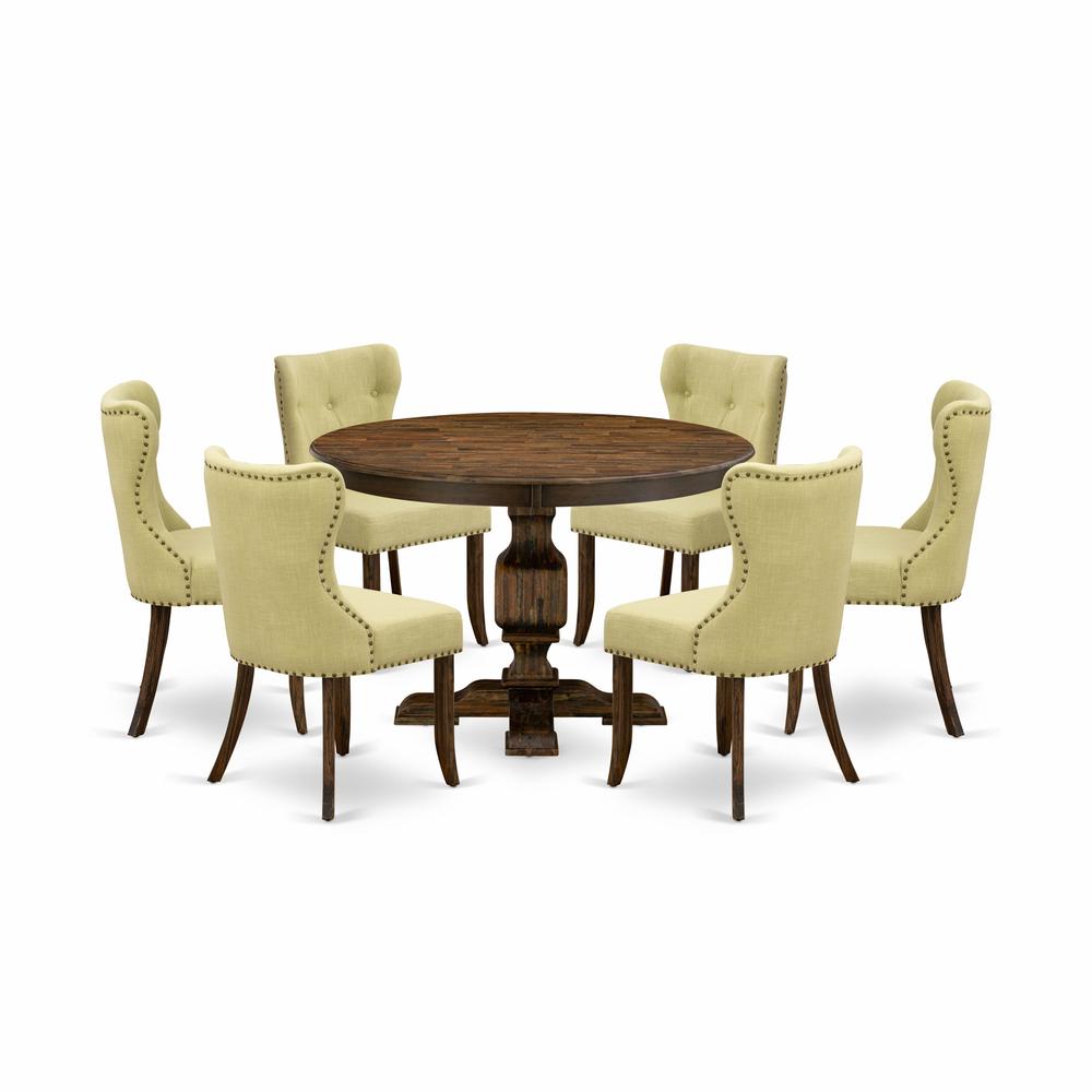 East West Furniture 7-Pc Dining Room Table Set - Modern Pedestal Dining Table and 6 Limelight Color Parson Wood Chairs with Button Tufted Back - Distressed Jacobean Finish. Picture 2