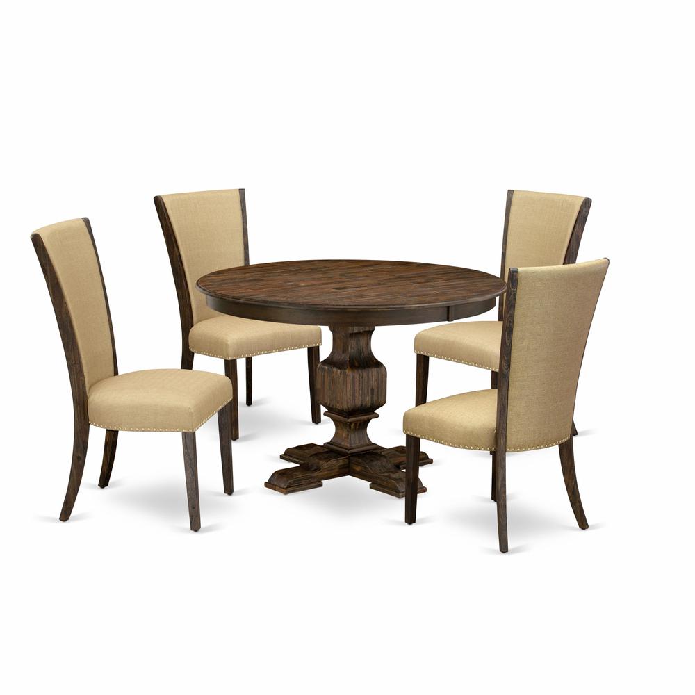 East West Furniture 5-Piece Kitchen Dining Table Set - Pedestal Dining Table and 4 Brown Color Parson Modern Chairs with High Back - Distressed Jacobean Finish. Picture 2