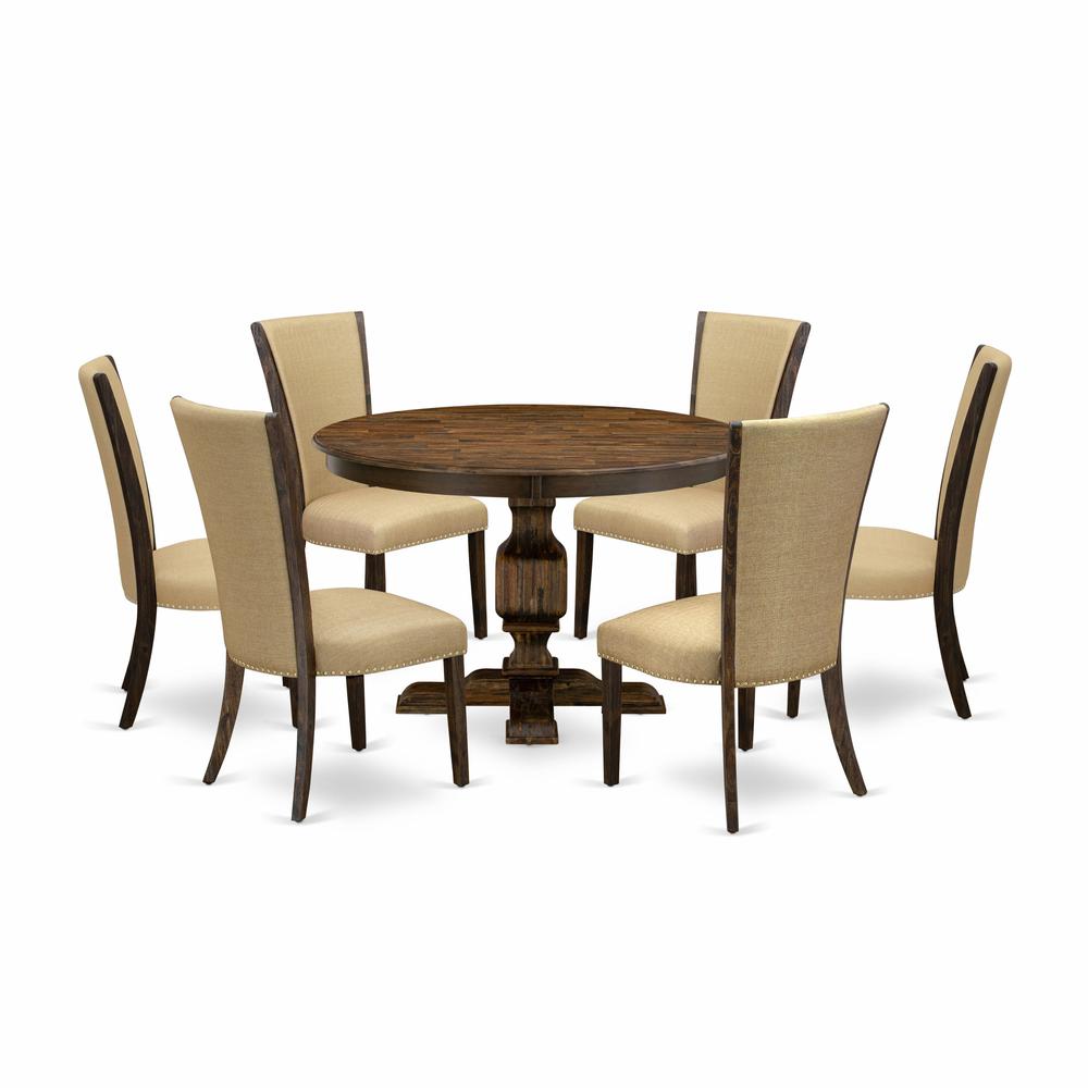 East West Furniture 7-Pc Dinette Set - Pedestal Dinner Table and 6 Brown Color Parson Dining Room Chairs with High Back - Distressed Jacobean Finish. Picture 2