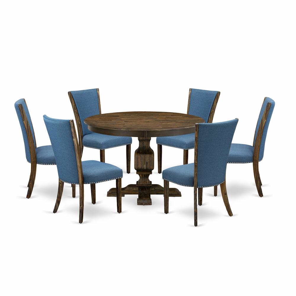 East West Furniture 7-Pc Dinette Set - Mid Century Modern Pedestal Dining Table and 6 Blue Color Parson Chairs with High Back - Distressed Jacobean Finish. Picture 2