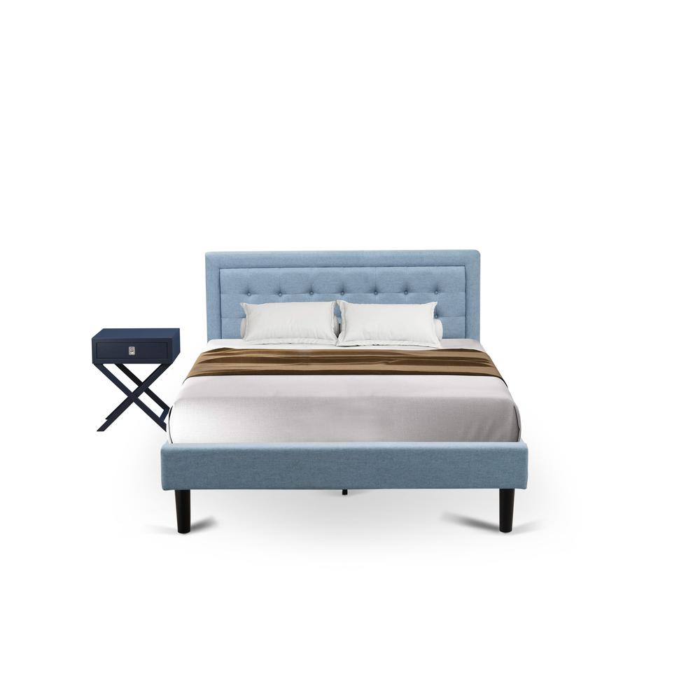 FN11Q-1HA15 2-Piece Platform Queen Bed Set Furniture with 1 Platform Bed and an End Table for bedroom - Denim Blue Linen Fabric. Picture 2