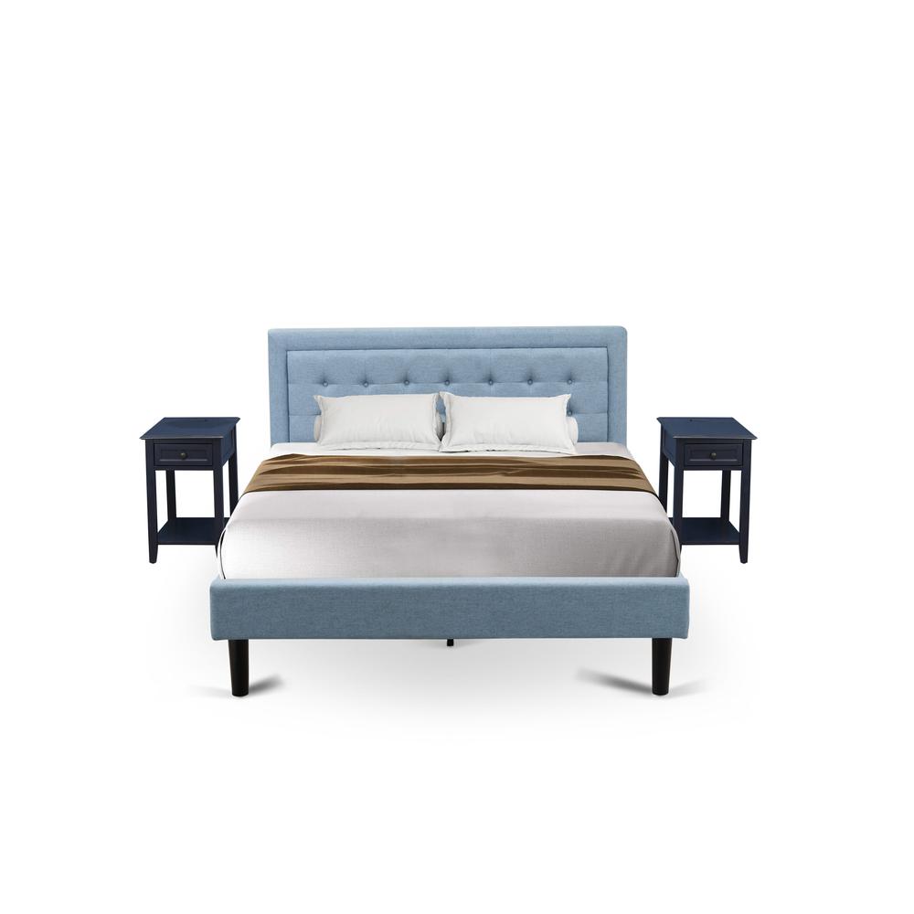 FN11Q-2DE15 3-Piece Platform Bed Set with 1 Queen Bed Frame and 2 Night Stands - Denim Blue Linen Fabric. Picture 2