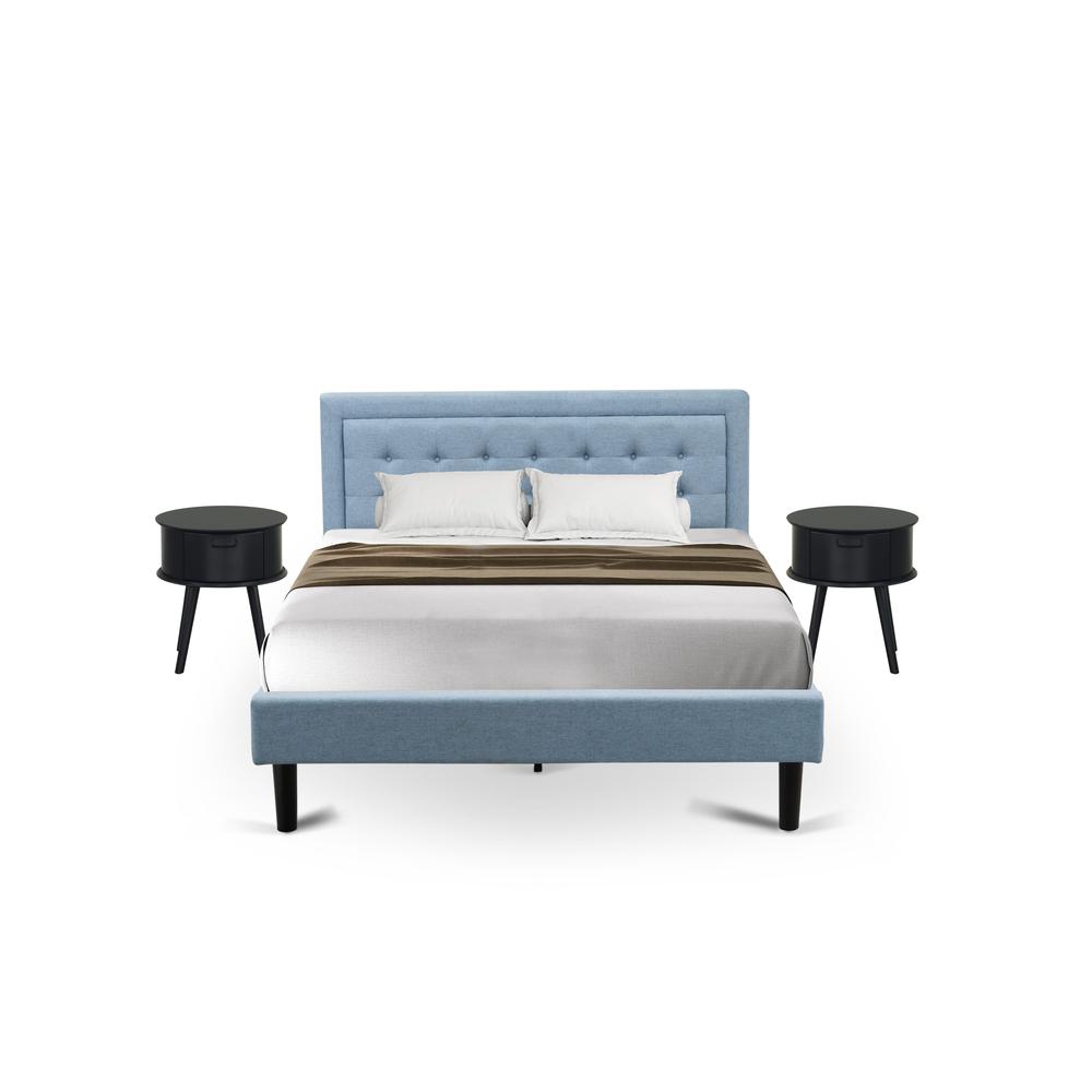FN11Q-2GO15 3-Piece Platform Bed Set with 1 Mid Century Bed and 2 Small Nightstands - Denim Blue Linen Fabric. Picture 2