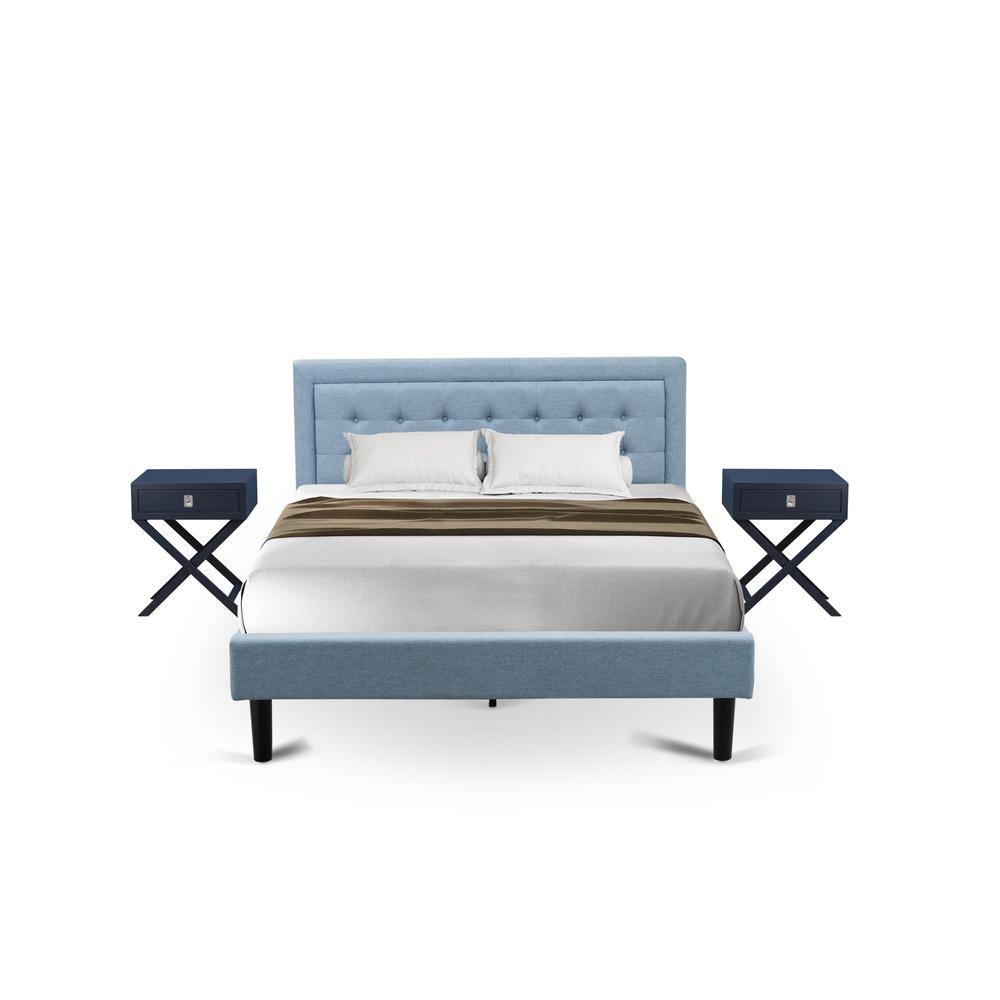 East West Furniture 3-Piece Fannin Wooden Set for Bedroom with 1 Platform Bed Frame and 2 Modern Nightstands - Reliable and Sturdy Construction - Denim Blue Linen Fabric. Picture 2