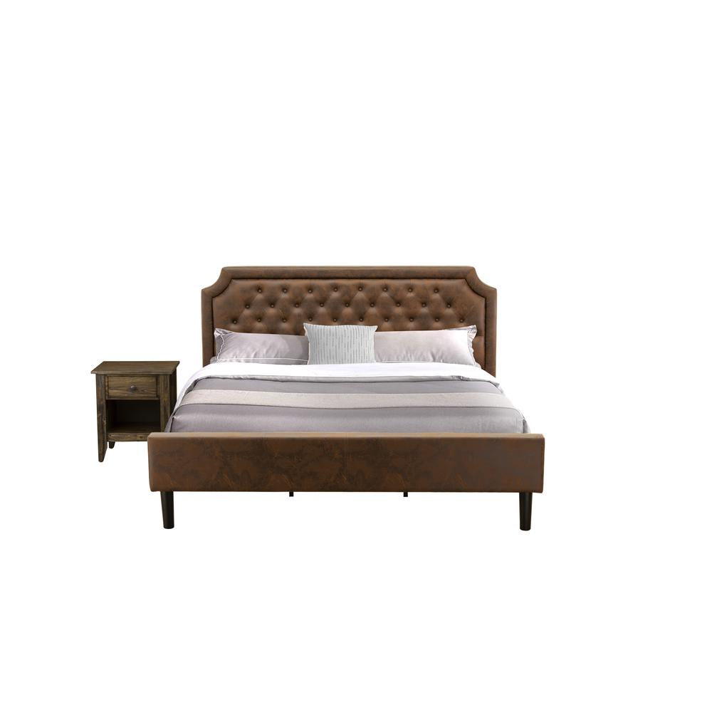 GB25K-1GA07 2-Pc King Bedroom set with Upholstered Bed and Distressed Jacobean Nightstand - Dark Brown Faux Leather and Black Legs. Picture 2