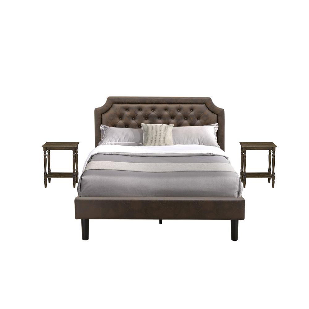 GB25Q-2BF07 3-Pc Bed Set with Frame and 2 Distressed Jacobean Mid Century Nightstands - Dark Brown Faux Leather and Black Legs. Picture 2