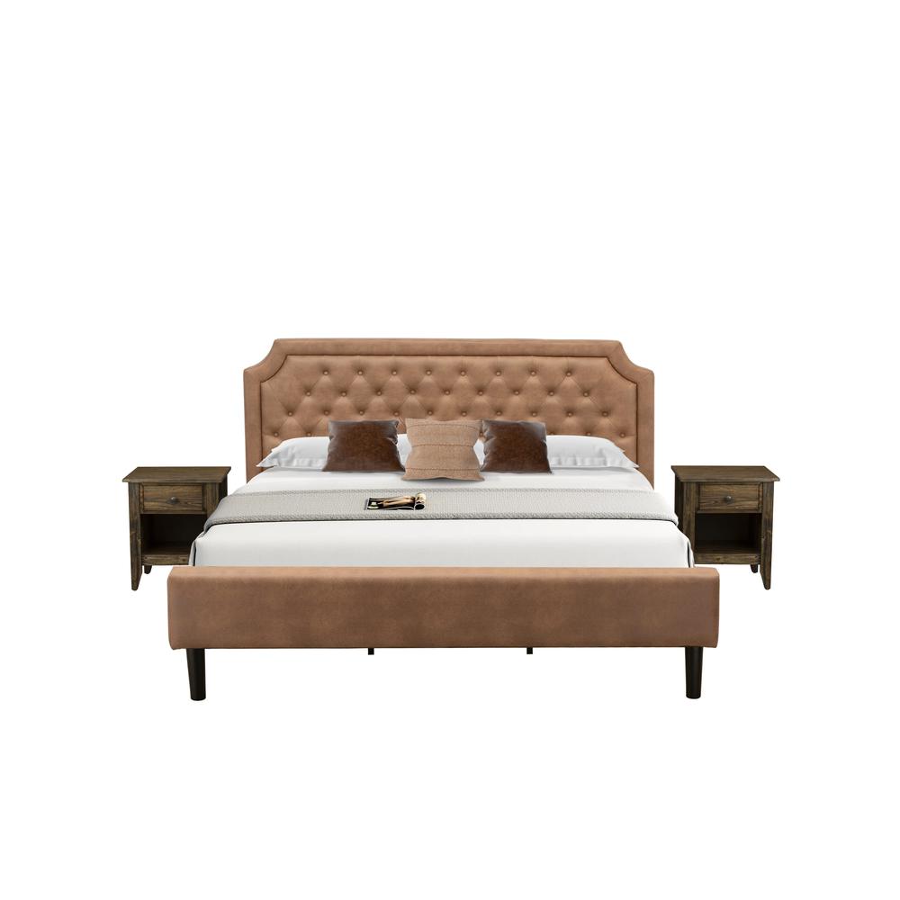 GB28K-2GA07 3-Piece Platform Bed Set with a Modern Bed and 2 Distressed Jacobean End Tables - Brown Faux Leather and Black Legs. Picture 2
