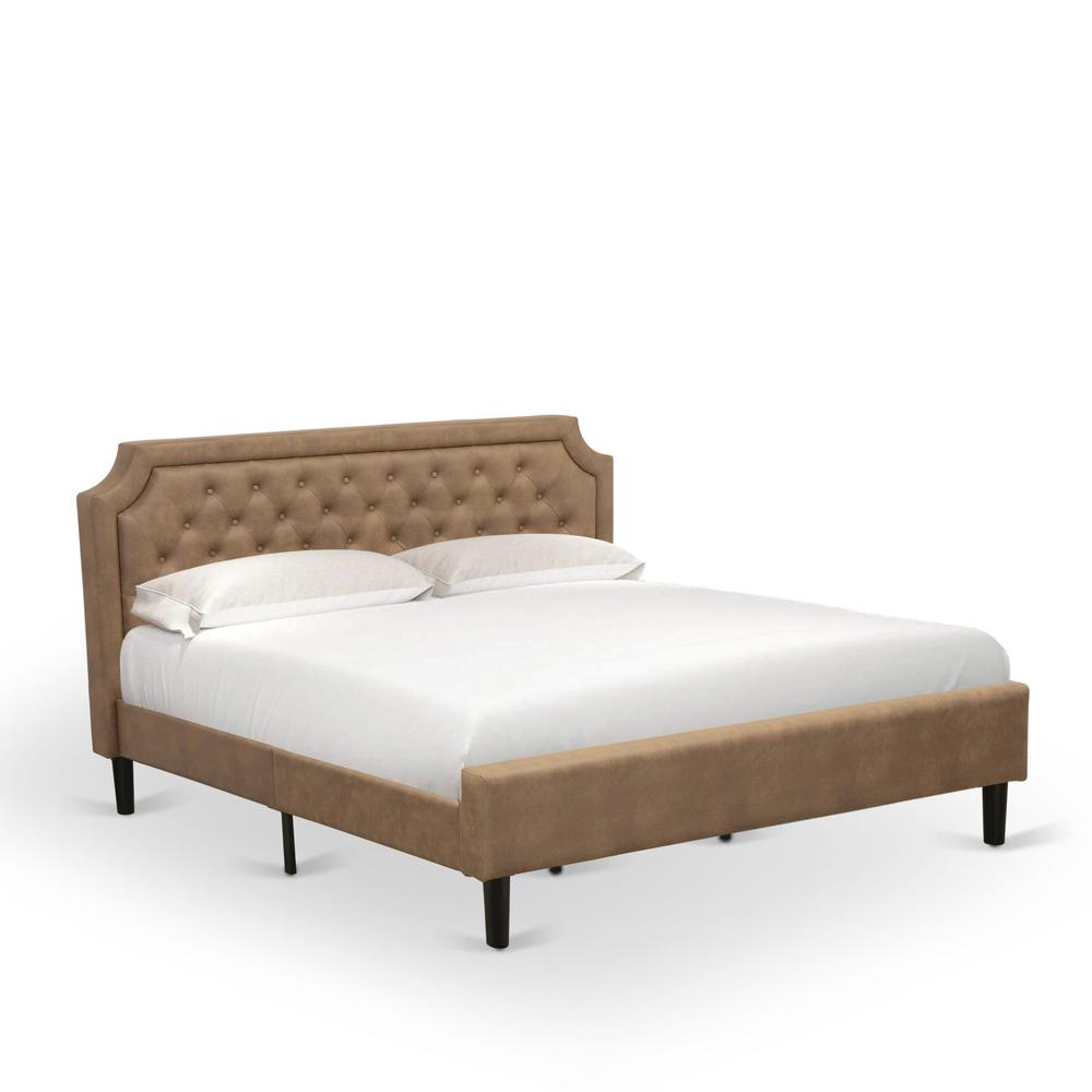 GBF-28-K King Bed Contains Brown Textured Upholstered Headboard, Footboard and Wood Rails, Slats - Wooden 9 Legs - Black Finish. Picture 2