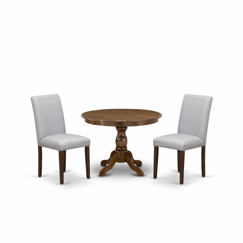 East West Furniture HBAB3-AWA-05 3 Piece Dining Room Table Set - Acacia Walnut Round Dining Table and 2 Grey Linen Fabric Upholstered Dining Chairs with Slatted Back - Acacia Walnut Finish. Picture 1