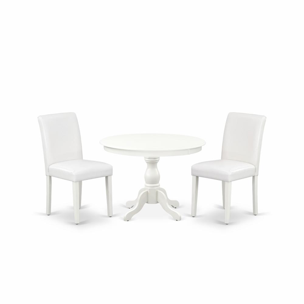 East West Furniture HBAB3-LWH-64 3 Piece Dining Room Set - Linen White Dinning Table and 2 White Faux Leather Comfortable Chairs with High Back - Linen White Finish. Picture 1