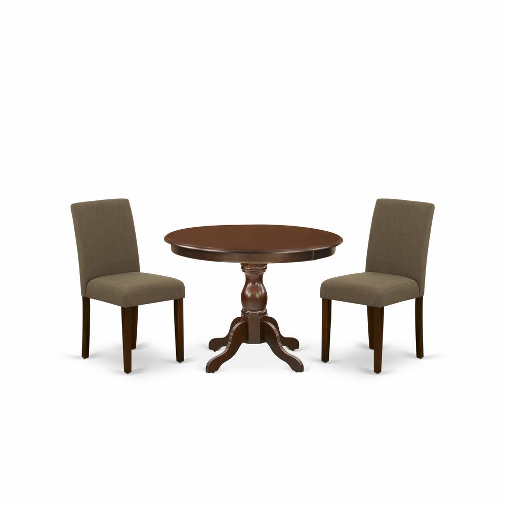 East West Furniture HBAB3-MAH-18 3 Piece Dining Table Set - Mahogany Dining Table and 2 Coffee Linen Fabric Mid Century Modern Chairs with High Back - Mahogany Finish. Picture 1