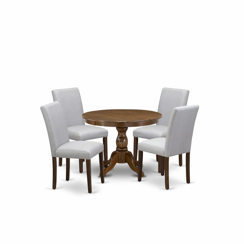 HBAB5-AWA-05 5 Pc Kitchen Table Set - Round Dining Table with 4 Grey Upholstered Chairs - Acacia Walnut Finish. Picture 2