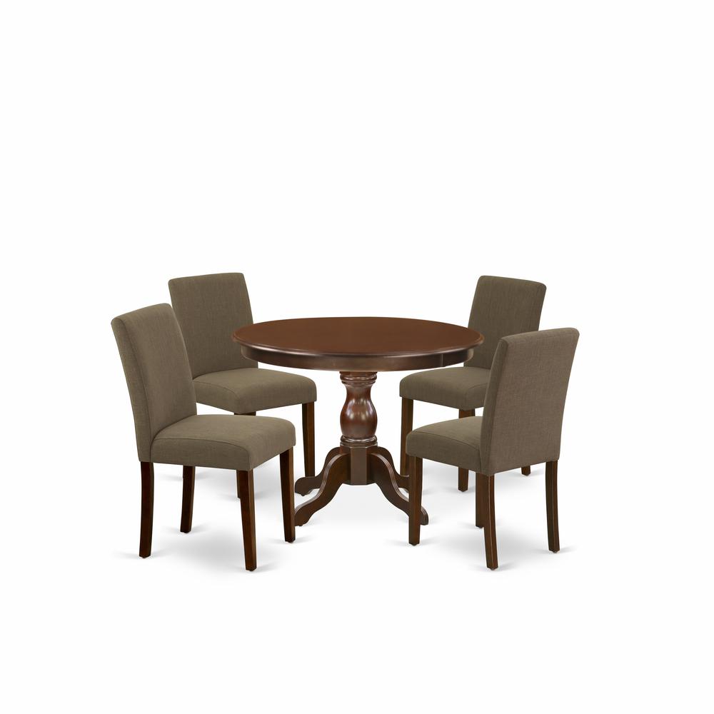 East West Furniture HBAB5-MAH-18 5 Piece Dining Table Set - Mahogany Breakfast Table and 4 Coffee Linen Fabric Mid Century Modern Chairs with High Back - Mahogany Finish. The main picture.