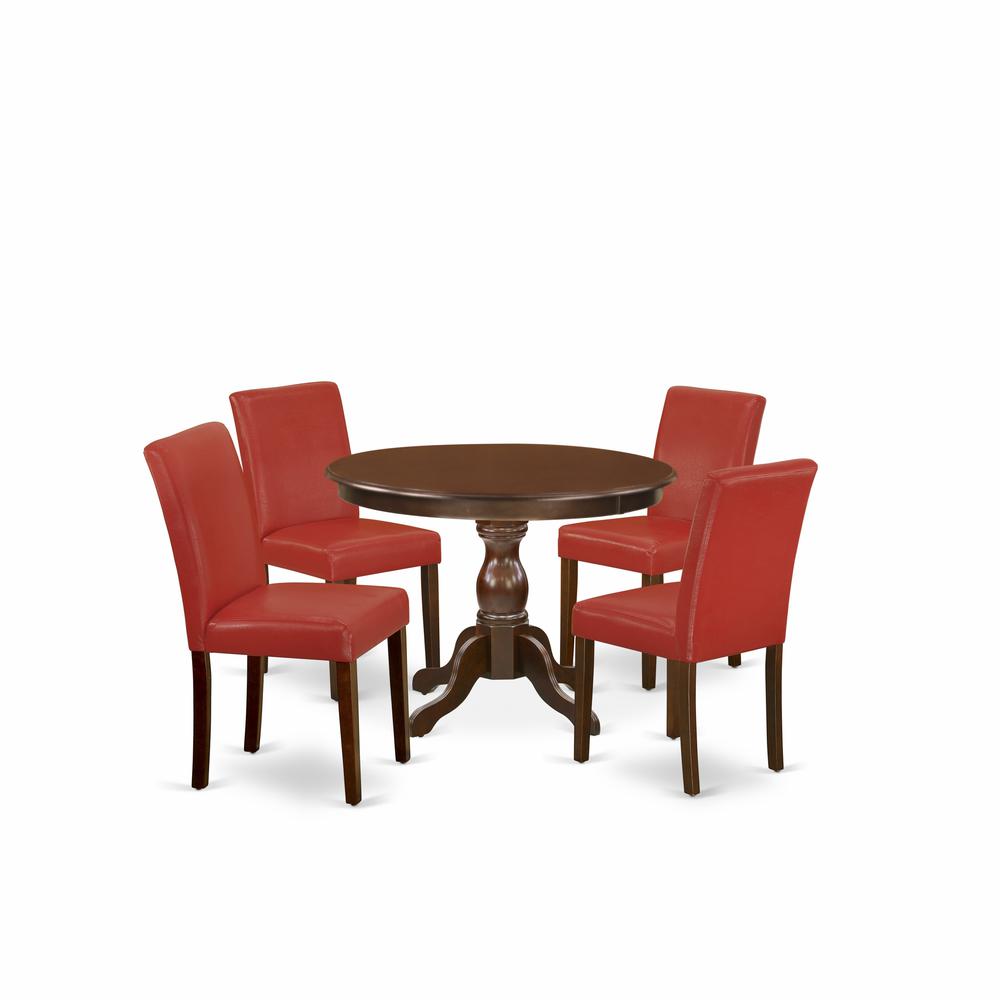 East West Furniture HBAB5-MAH-72 5 Piece Dining Room Table Set - Mahogany Small Dining Table and 4 Firebrick Red PU Leather Kitchen Chairs with High Back - Mahogany Finish. Picture 1