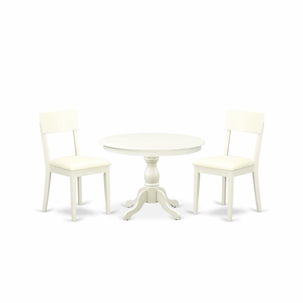 East West Furniture HBAD3-LWH-C 3 Piece Kitchen Set - Linen White Dining Room Table and 2 Linen White Faux Leather Dining Chairs with Andy Slat Back- Linen White Finish. Picture 1