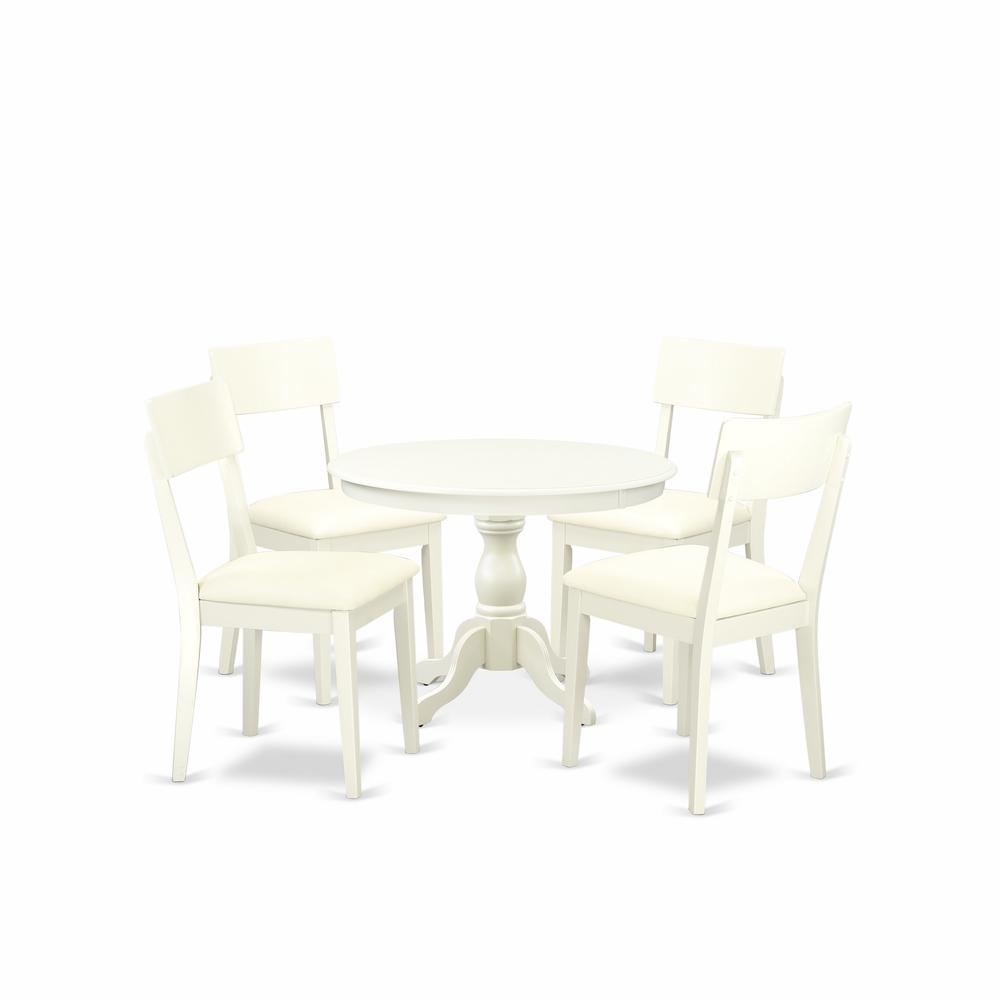 East West Furniture HBAD5-LWH-C 5 Piece Dining Table Set - Linen White Small Dining Table and 4 Linen White Faux Leather Kitchen & Dining Room Chairs with Andy Slat back- Linen White Finish. Picture 1