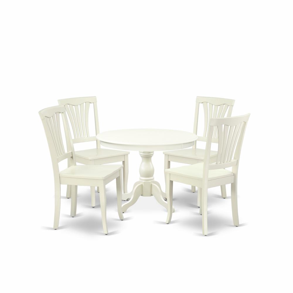 East West Furniture HBAV5-LWH-W 5 Piece Dining Table Set - Linen White Dining Room Table and 4 Linen White Wooden Dining Chairs with Slatted Back - Linen White Finish. Picture 1