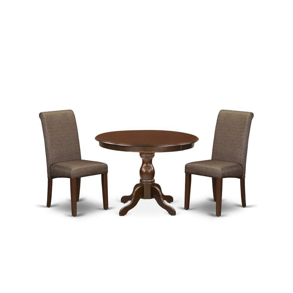 East West Furniture HBBA3-MAH-18 3 Piece Table and Chairs Dining Set - Mahogany Wood Dining Table and 2 Brown Faux Leather Dining Room Chairs with High Back - Mahogany Finish. Picture 1