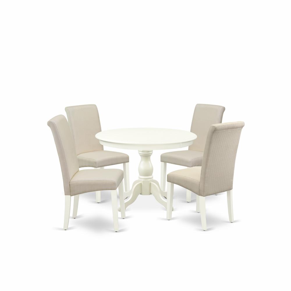 East West Furniture HBBA5-LWH-01 5 Piece Dining Set - Linen White Round Dining Table and 4 Cream Linen Fabric Dining Chairs with High Back - Linen White Finish. Picture 1