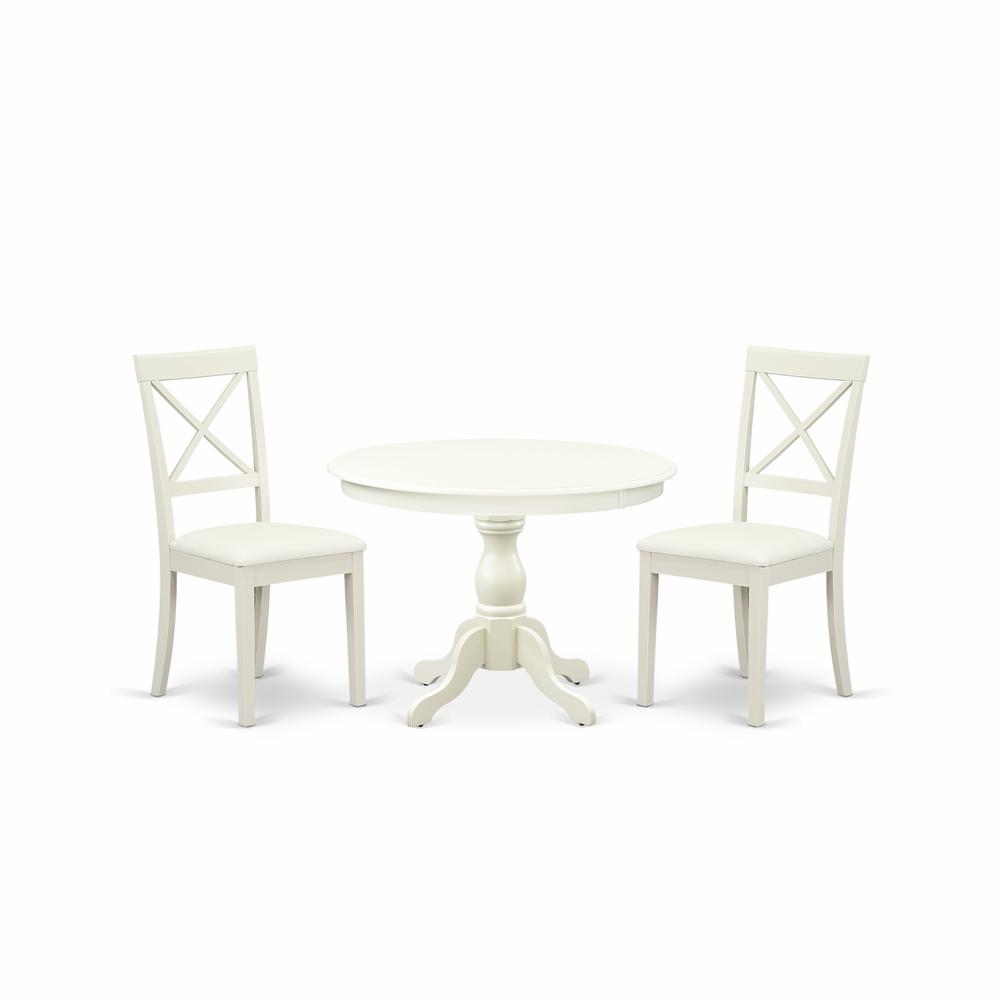East West Furniture HBBO3-LWH-C 3 Piece Dining Room Set - Linen White Wood Table and 2 Linen White Faux Leather Dining Room Chairs with X-Back - Linen White Finish. Picture 1