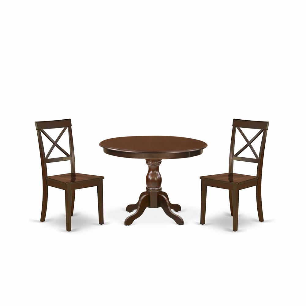 East West Furniture HBBO3-MAH-W 3 Piece Dining Room Set - Mahogany Dining Room Table and 2 Mahogany Wooden Dining Room Chairs with X-Back - Mahogany Finish. Picture 1