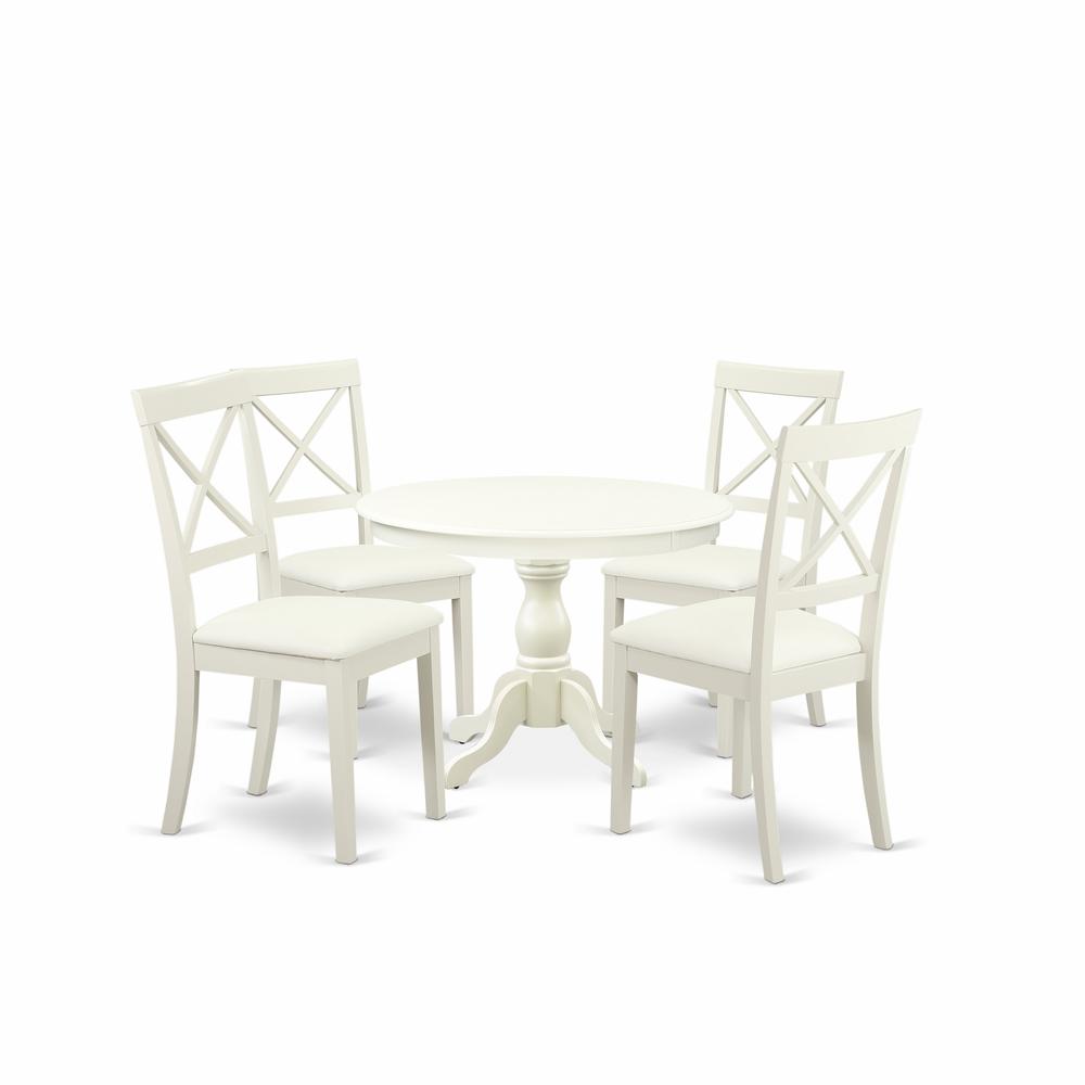 East West Furniture HBBO5-LWH-C 5 Piece Kitchen Table Set - Linen White Wooden Table with 4 Linen White Faux Leather Mid Century Modern Chairs with X-Back - Linen White Finish. Picture 1