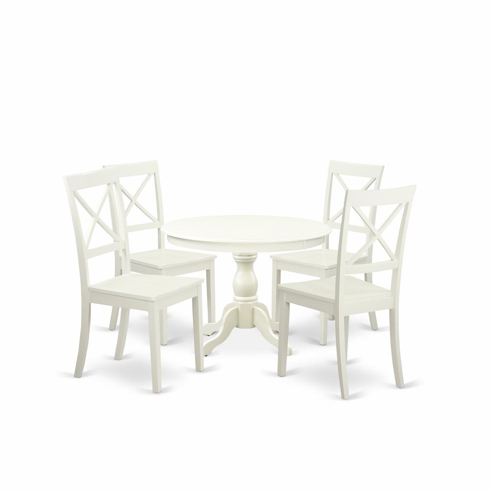 East West Furniture HBBO5-LWH-W 5 Piece Kitchen Set - Linen White Breakfast Table and 4 Linen White Chairs for Dining Room with X-Back - Linen White Finish. Picture 1