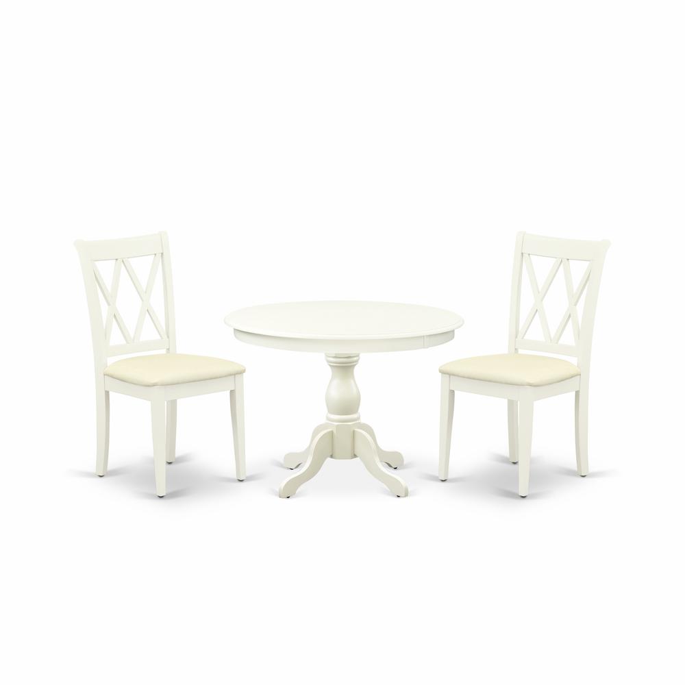 East West Furniture HBCL3-LWH-C 3 Piece Table Set - Linen White Small Dining Table and 2 Linen White Kitchen & Dining Room Chairs with Double X-Back - Linen White Finish. Picture 1