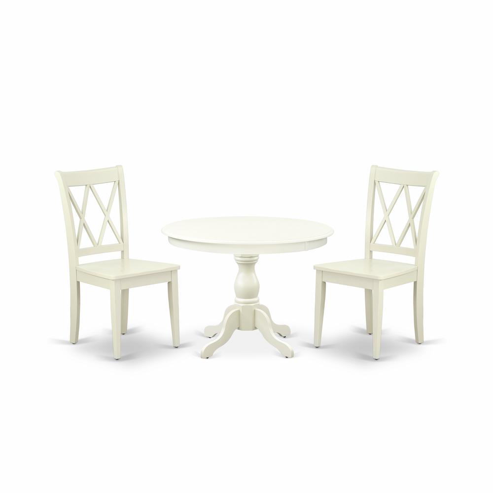 East West Furniture HBCL3-LWH-W 3 Piece Dining Table Set - Linen White Dinner Table and 2 Linen White Kitchen Chairs with Double X-Back - Linen White Finish. Picture 1