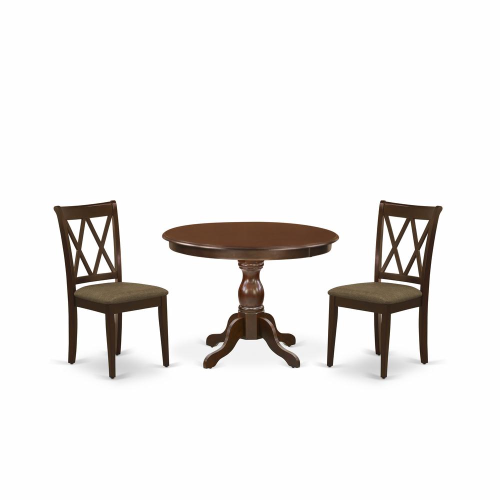 East West Furniture HBCL3-MAH-C 3 Piece Dining Room Table Set - Mahogany Wood Table and 2 Mahogany Linen Fabric Dining Room Chairs with Double X-Back - Mahogany Finish. Picture 1