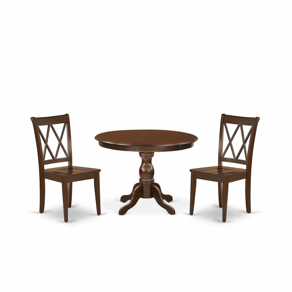 East West Furniture HBCL3-MAH-W 3 Piece Dining Room Set - Mahogany Dinning Table and 2 Mahogany Wooden Dining Chairs with Double X-Back - Mahogany Finish. Picture 1