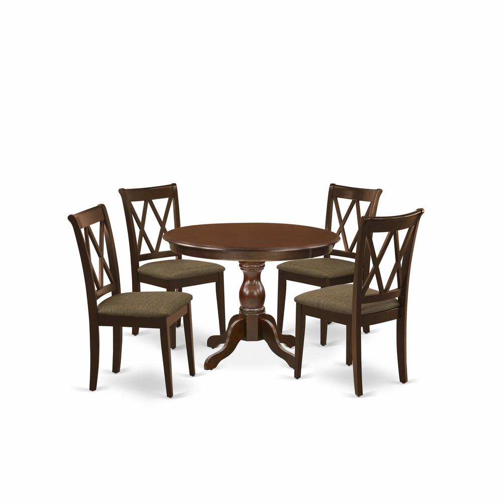 East West Furniture HBCL5-MAH-C 5 Piece Kitchen Set - Mahogany Modern Dining Table and 4 Mahogany Linen Fabric Dining Room Chairs with Double X-Back - Mahogany Finish. Picture 1