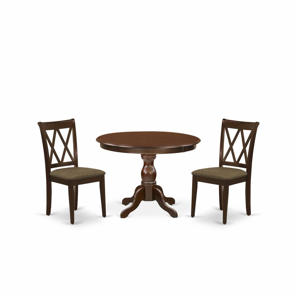 East West Furniture HBDA3-MAH-C 3 Piece Modern Dining Table Set - Mahogany Wood Table and 2 Mahogany Linen Fabric Kitchen Chairs with Slatted Back - Mahogany Finish. The main picture.