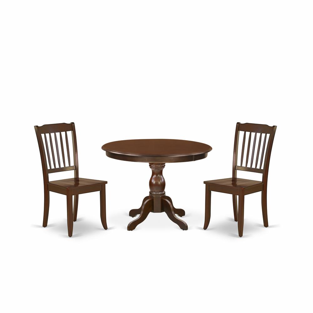 East West Furniture HBDA3-MAH-W 3 Piece Kitchen Set - Mahogany Dining Table and 2 Mahogany Wooden Dining Chairs with Slatted Back - Mahogany Finish. Picture 1