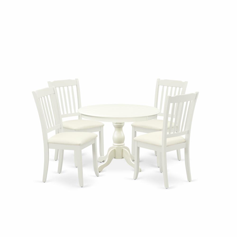 East West Furniture HBDA5-LWH-C 5 Piece Kitchen Set - Linen White Round Dining Table and 4 Linen White Dining Chairs with Slatted Back - Linen White Finish. Picture 1