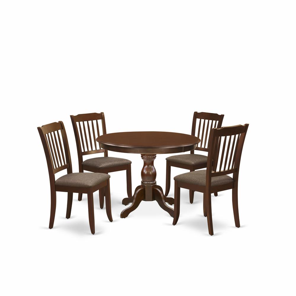East West Furniture HBDA5-MAH-C 5 Piece Dining Room Table Set - Mahogany Dinning Table and 4 Mahogany Linen Fabric Dining Chairs with Slatted Back - Mahogany Finish. Picture 1