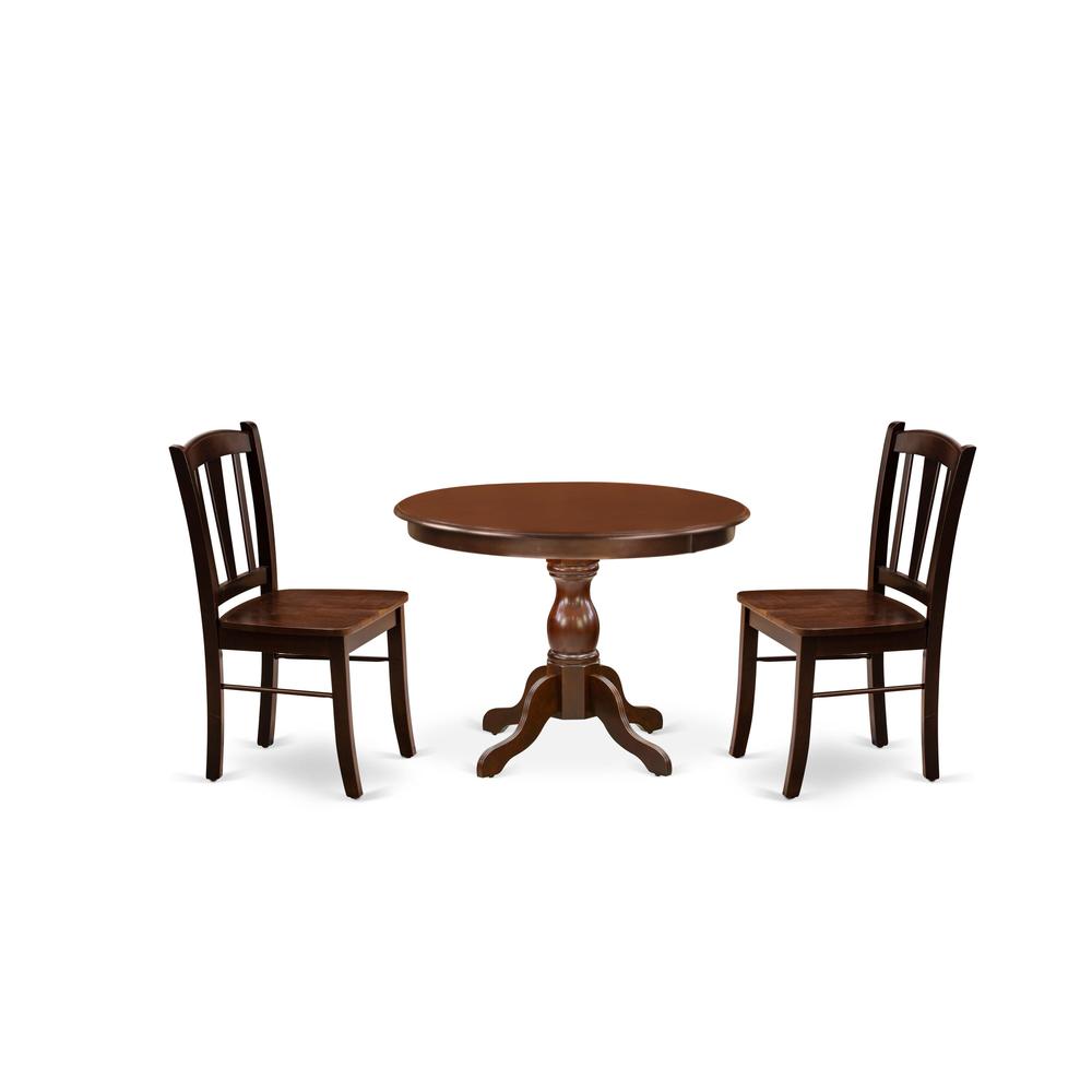 HBDL3-MAH-W - 3-Pc Dining Room Table Set- 2 Kitchen Dining Chairs and Dining Room Table - Wooden Seat and Slatted Chair Back - Mahogany Finish. Picture 2
