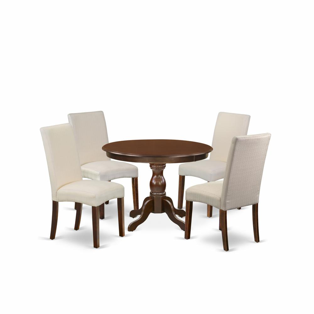 East West Furniture HBDR5-MAH-01 5 Piece Dinette Set - Mahogany Dining Table and 4 Cream Linen Fabric Comfortable Chairs with High Back - Mahogany Finish. Picture 1