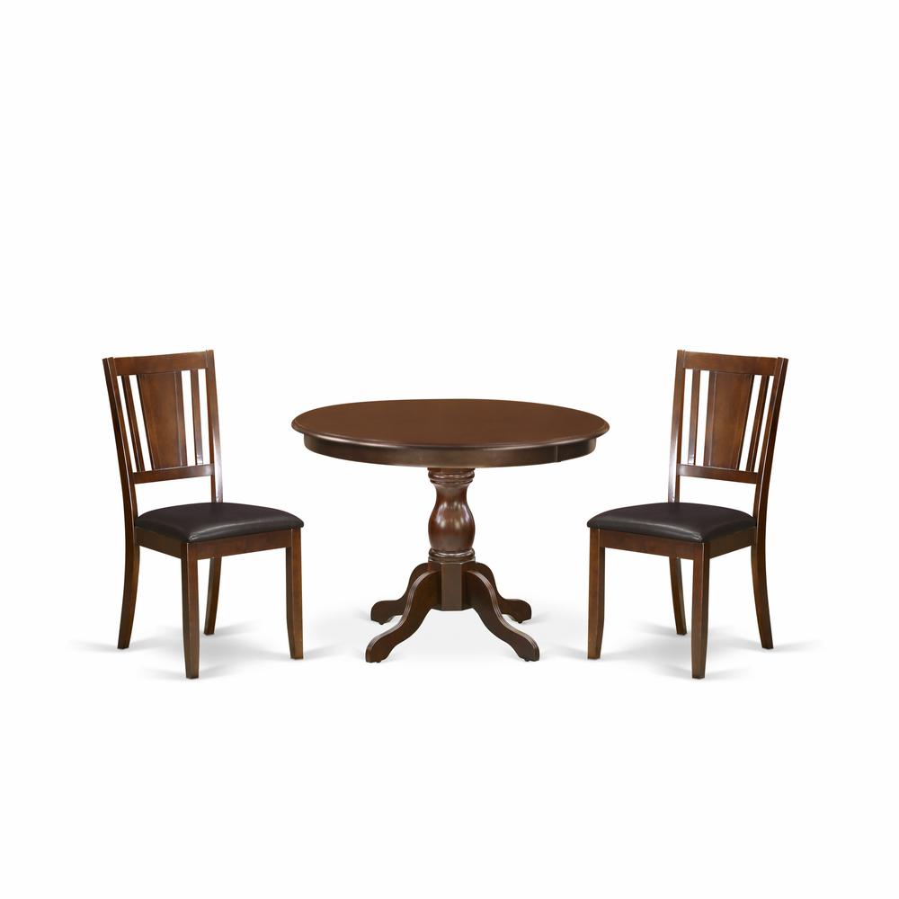 East West Furniture HBDU3-MAH-C 3 Piece Kitchen Table Set - Mahogany Dining Room Table and 2 Mahogany Faux Leather Comfortable Chairs with Panel Back - Mahogany Finish. Picture 1