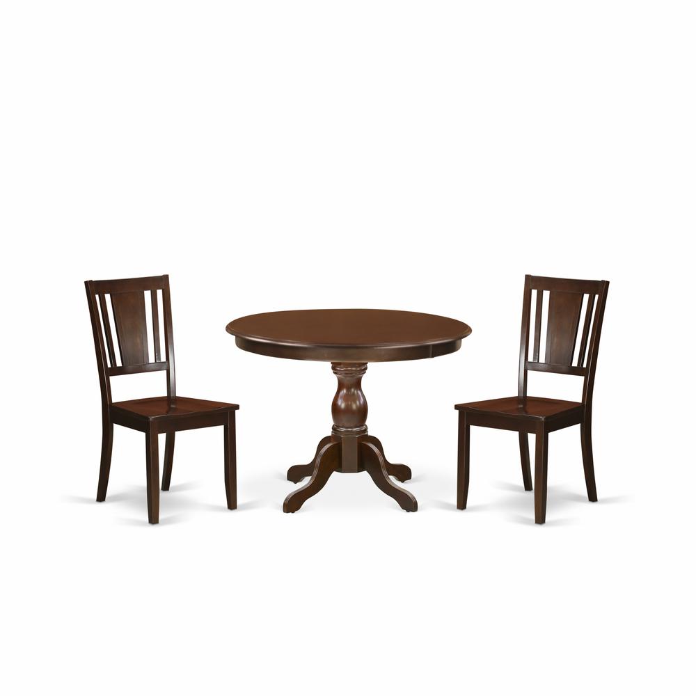 East West Furniture HBDU3-MAH-W 3 Piece Dinette Set - Mahogany Dining Room Table and 2 Mahogany Kitchen & Dining Room Chairs with Panel Back - Mahogany Finish. Picture 1