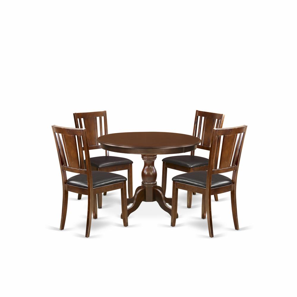 East West Furniture HBDU5-MAH-C 5 Piece Dining Table Set - Mahogany Dining Room Table and 4 Mahogany Faux Leather Comfortable Chairs with Panel Back - Mahogany Finish. Picture 1
