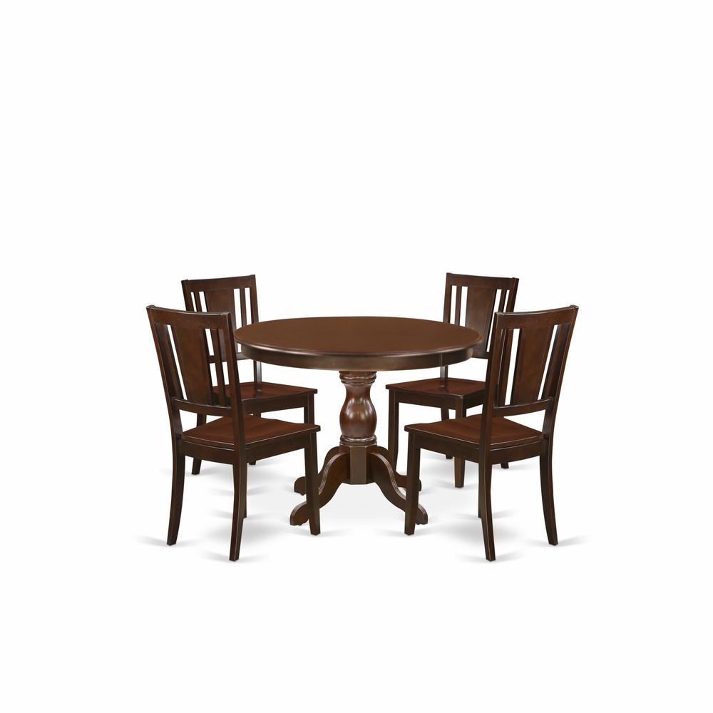 East West Furniture HBDU5-MAH-W 5 Piece Kitchen Dining Table Set - Mahogany Small Kitchen Table and 4 Mahogany Wooden Dining Chairs with Panel Back - Mahogany Finish. Picture 1