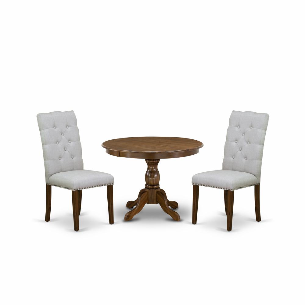 East West Furniture HBEL3-AWA-05 3 Piece Dining Table Set - Acacia Walnut Small Kitchen Table and 2 Grey Linen Fabric Dining Chairs with Panel Back - Acacia Walnut Finish. Picture 1
