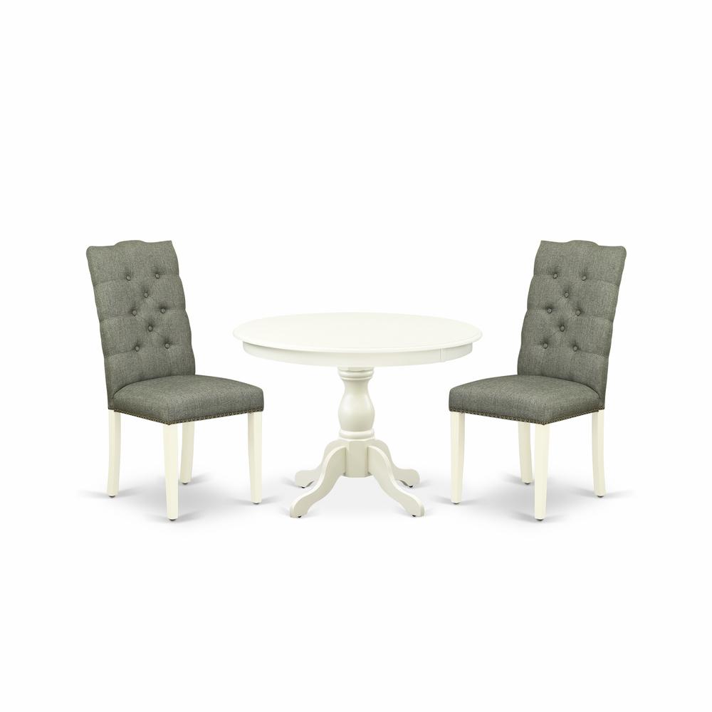 East West Furniture HBEL3-LWH-07 3 Piece Dining Room Set - Linen White Wood Dining Table and 2 Smoke Linen Fabric Mid Century Modern Chairs Button Tufted Back with Nail Heads - Linen White Finish. Picture 1