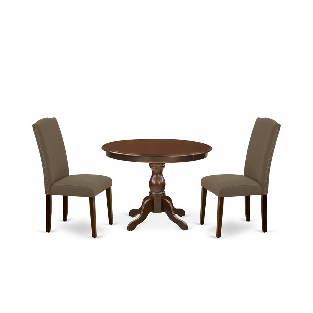 East West Furniture HBEN3-MAH-18 3 Piece Dining Table Set - Mahogany Dining Table and 2 Dark Coffee Linen Fabric Upholstered Dining Chairs Button Tufted Back with Nail Heads - Mahogany Finish. Picture 1