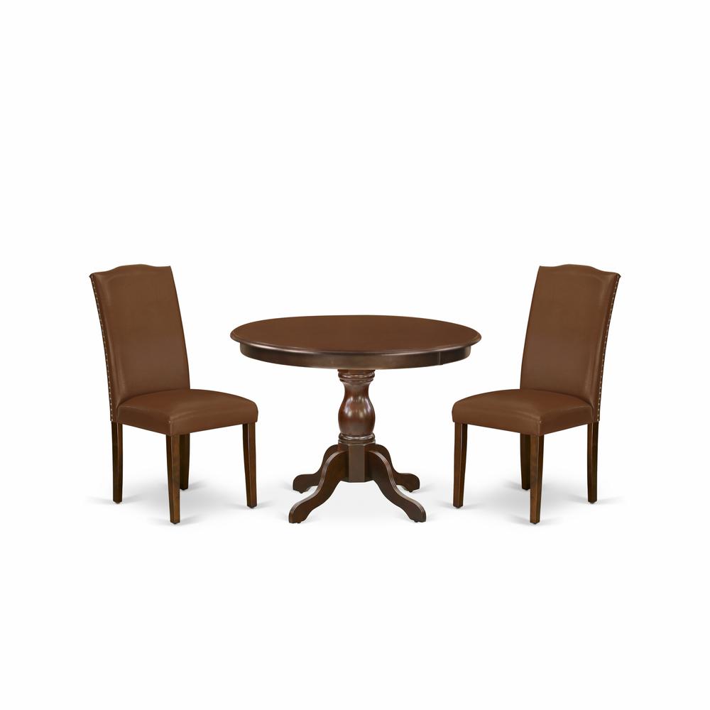 East West Furniture HBEN3-MAH-66 3 Piece Dining Table Set - Mahogany Wood Table and 2 Brown Faux Leather Chairs for Dining Room with High Back - Mahogany Finish. Picture 1